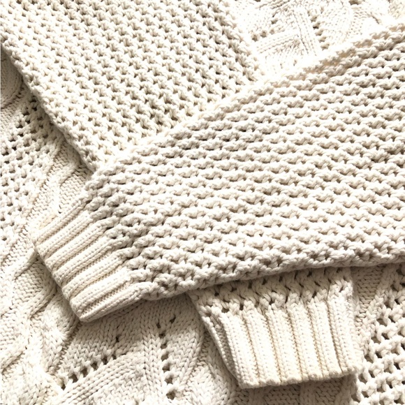 Hand Knit Cable Knit Drop Shoulder Lace Detailed Sweater in White - Picture 5 of 10